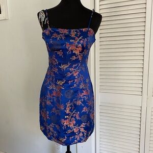 SHEIN Japanese Floral Print Dress. Royal Blue, orange, tan. Spaghetti Straps.💙